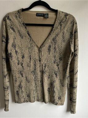 Liz Claiborne Beige Snake-Print V-Neck Cardigan Sweater 100% silk